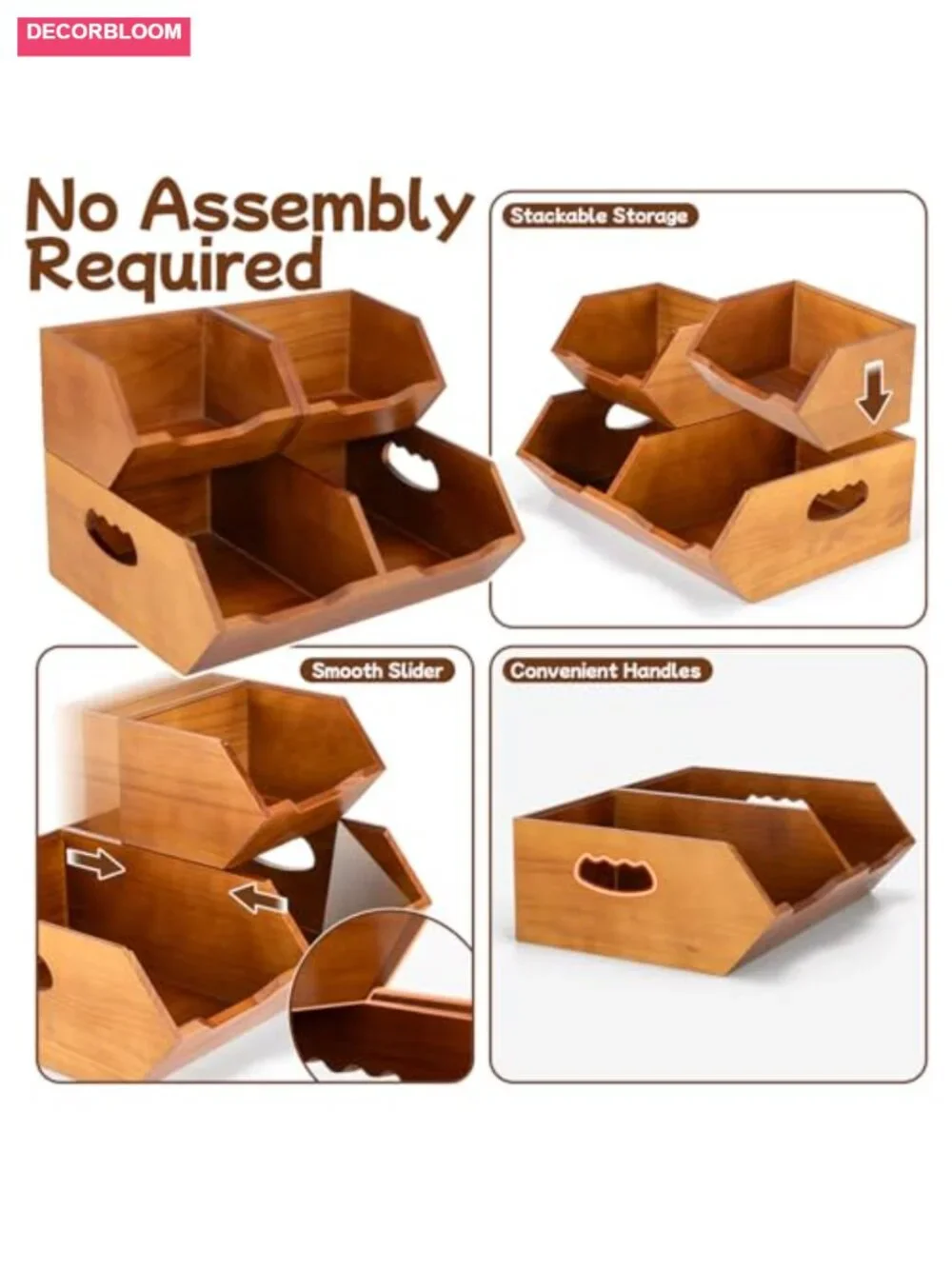 Wooden Stackable Pantry Storage Bins Set of 3 Kitchen Produce Organizer
